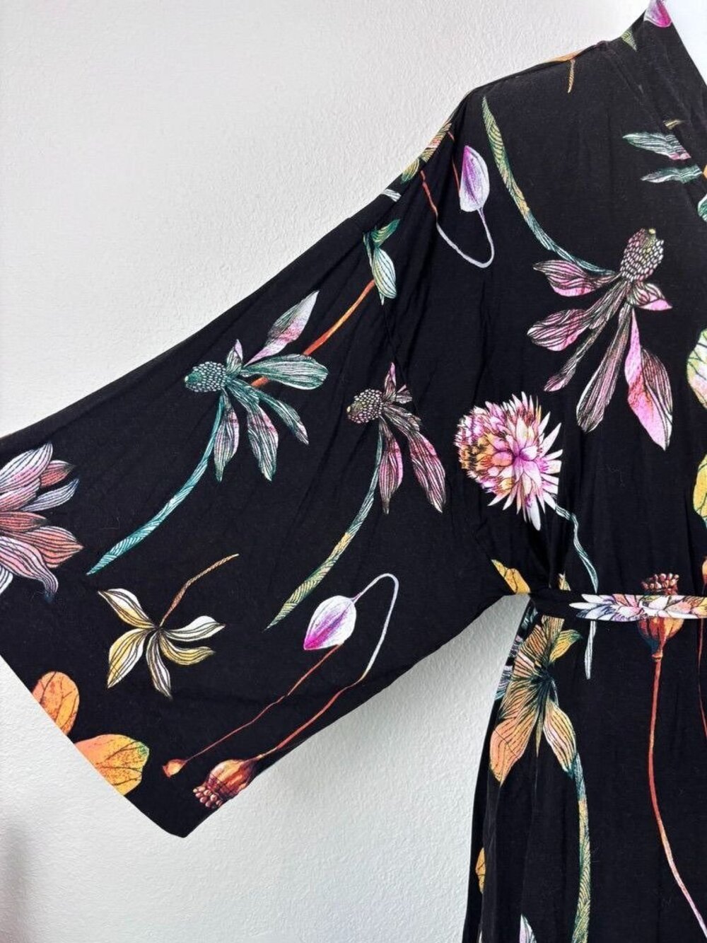 Soma cool nights large XL black botanical floral kimono tie robe loungewear - Picture 3 of 8